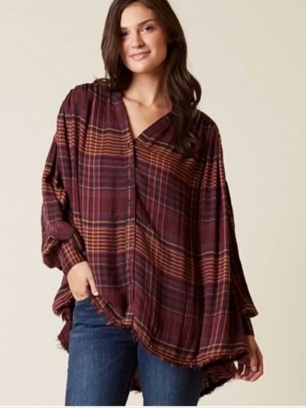 Free People Come On Over Burgundy Gold Plaid Swing Flannel